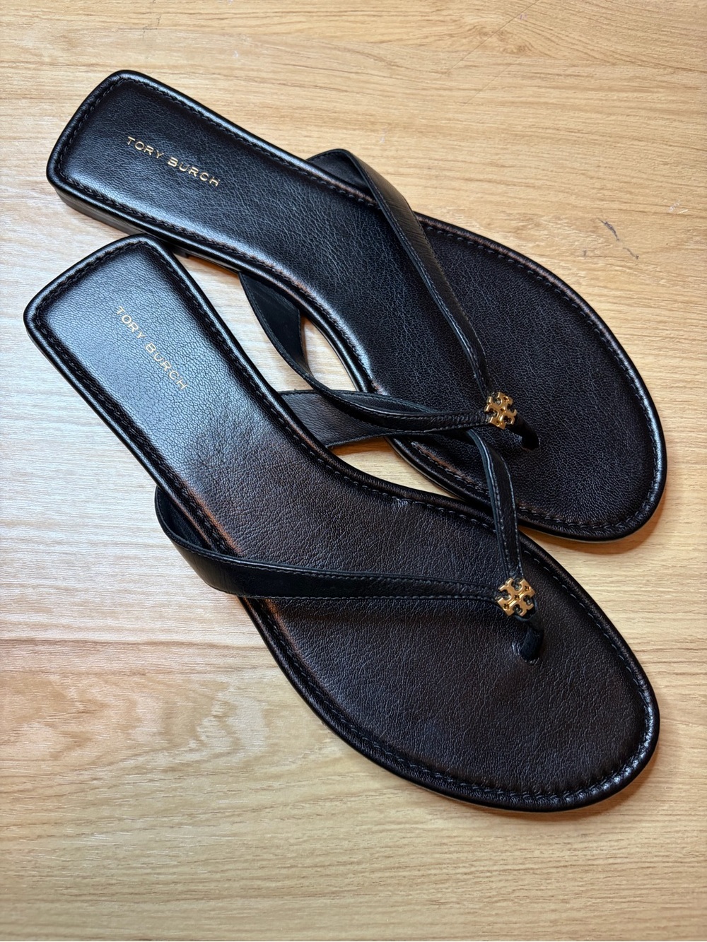 Tory Burch Mini Double T Leather Flip Flop Thong Sandals Black Gold 11M 140657